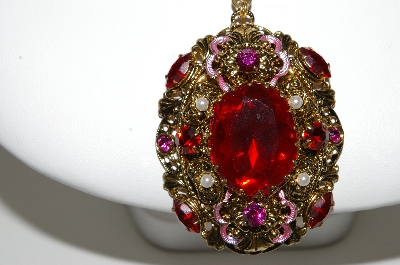 +MBA #98-397  "Vintage Goldtone Fancy Red Acrylic Stone & Faux Pearl Pendant With Chain"