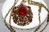 +MBA #98-397  "Vintage Goldtone Fancy Red Acrylic Stone & Faux Pearl Pendant With Chain"