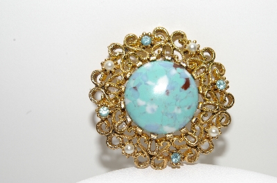 +MBA #98-067  "JJ Jonette Jewelry Co.  Goldtone Faux Turquoise, Pearl & Rhinestone Pin"