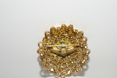 +MBA #98-067  "JJ Jonette Jewelry Co.  Goldtone Faux Turquoise, Pearl & Rhinestone Pin"