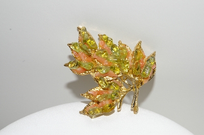 +MBA #98-058  "Vintage Goldtone Green & Peach Colored Polished Stone Leaf Pin"