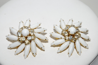 +MBA #98-219  "Judy Lee  Fancy Milk Glass & Clear Crystal Rhinestone Clip On Earrings"