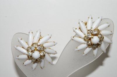 +MBA #98-219  "Judy Lee  Fancy Milk Glass & Clear Crystal Rhinestone Clip On Earrings"