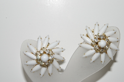+MBA #98-219  "Judy Lee  Fancy Milk Glass & Clear Crystal Rhinestone Clip On Earrings"