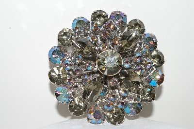 +MBA #98-085  "Vintage Silvertone Gray & AB Crystal Rhinestone Brooch"