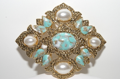 +MBA #98-092  "Sarah Coventry Faux Turquoise & Pearl Brooch/Pendant Combo"