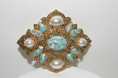 +MBA #98-092  "Sarah Coventry Faux Turquoise & Pearl Brooch/Pendant Combo"