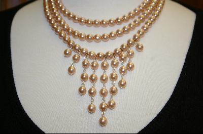 +   3 Row Pink Glass Pearl Necklace W/ Matching Stretch Bracelet