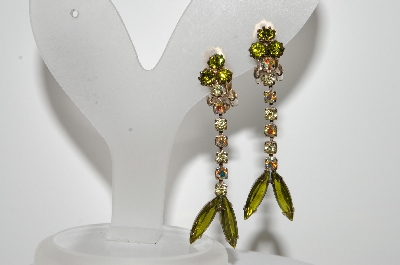 +MBA #99-079  "Vintage Silvertone Green & AB Rhinestone Dangle Clip On Earrings"