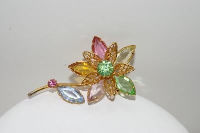 +MBA #99-451  "Vintage Goldtone Multi Colored Rhinestone Flower Pin"