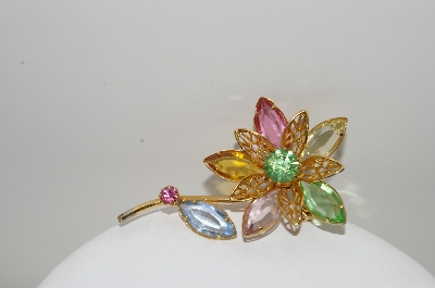 +MBA #99-451  "Vintage Goldtone Multi Colored Rhinestone Flower Pin"
