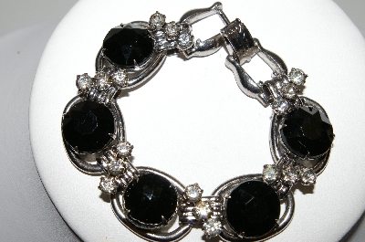 +MBA #99-615  "Vintage Silvertone Black Glass Link Bracelet"