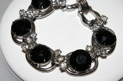 +MBA #99-615  "Vintage Silvertone Black Glass Link Bracelet"