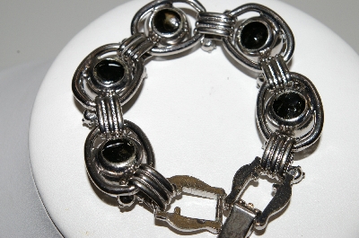 +MBA #99-615  "Vintage Silvertone Black Glass Link Bracelet"