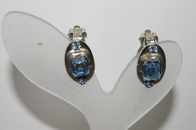 +MBA #99-460  "Vintage Silvertone Blue Crystal Rhinestone Clip On Earrings"