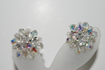 +MBA #99-505  "Vintage Silvertone Clear AB Crystal Cluster Earrings"