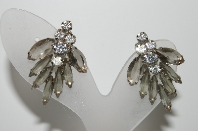 +MBA #99-543  "Vintage Silvertone Smoke & Clear Rhinestone Clip On Earrings"