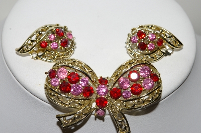 +MBA #99-381  "Coro Goldtone Pink & Red Rhinestone Bow Pin & Matching Earring Set"