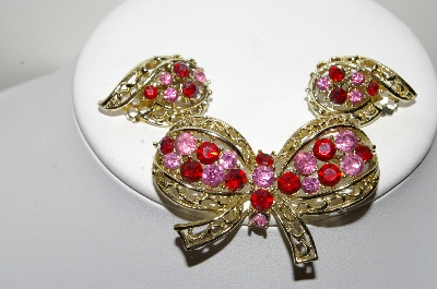 +MBA #99-381  "Coro Goldtone Pink & Red Rhinestone Bow Pin & Matching Earring Set"