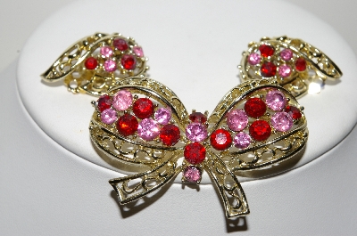 +MBA #99-381  "Coro Goldtone Pink & Red Rhinestone Bow Pin & Matching Earring Set"