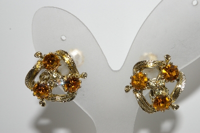 +MBA #99-218  "Vintage Goldtone Golden & Clear Rhinestone Clip On Earrings"