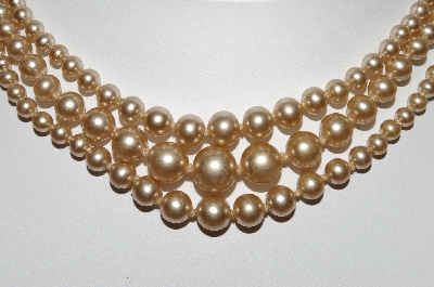 +MBA #99-623  "Vintage Made In Japan 3 Row Champagne Colored Faux Glass Pearl Necklace"