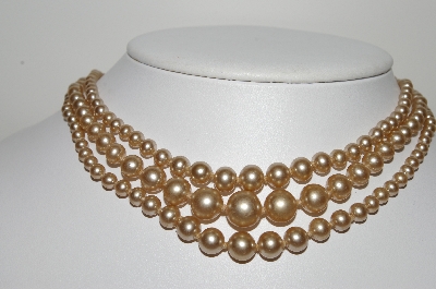 +MBA #99-623  "Vintage Made In Japan 3 Row Champagne Colored Faux Glass Pearl Necklace"