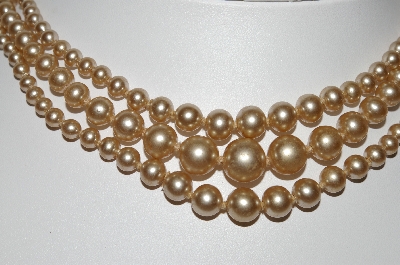 +MBA #99-623  "Vintage Made In Japan 3 Row Champagne Colored Faux Glass Pearl Necklace"