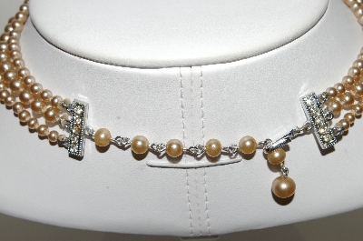 +MBA #99-623  "Vintage Made In Japan 3 Row Champagne Colored Faux Glass Pearl Necklace"