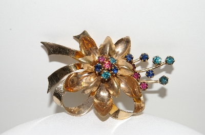 +MBA #99-604  "CrC 12K Gold Filled Multi Colored Crystal Rhinestone Flower Pin"
