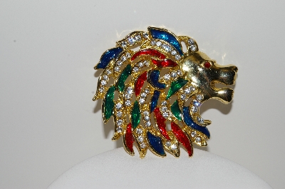 +MBA #99-583  "Vintage Large  Gold Plated Enameled & Rhinestone Lion Brooch"
