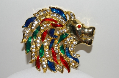+MBA #99-583  "Vintage Large  Gold Plated Enameled & Rhinestone Lion Brooch"