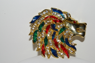 +MBA #99-583  "Vintage Large  Gold Plated Enameled & Rhinestone Lion Brooch"