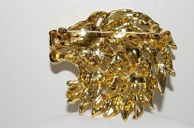 +MBA #99-583  "Vintage Large  Gold Plated Enameled & Rhinestone Lion Brooch"