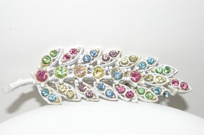 +MBA #99-469  "Vintage Metal White Enameled Multi Colored Crystal Rhinestones Feather Pin"