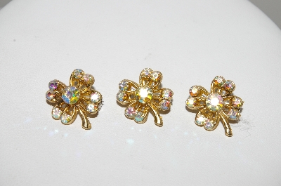 +MBA #99-674  "Vintage Goldtone  Set Of 3 AB Crystal Clover Pins"