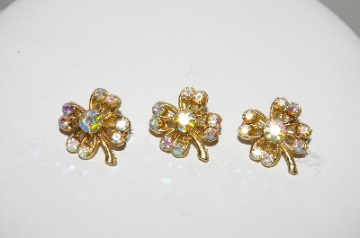 +MBA #99-674  "Vintage Goldtone  Set Of 3 AB Crystal Clover Pins"