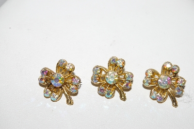 +MBA #99-674  "Vintage Goldtone  Set Of 3 AB Crystal Clover Pins"