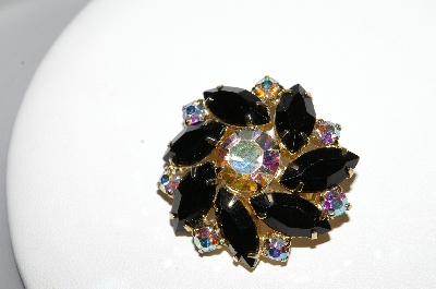 +MBA #99-336  "Vintage Goldtone Black & AB Crystal Rhinestone Pin"