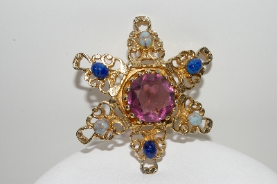 +MBA #99-595  "Vintage Goldtone Purple Glass & Blue Cabochon Stone Brooch"