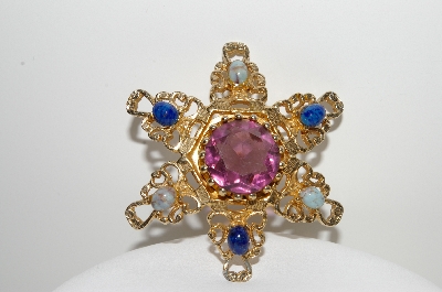 +MBA #99-595  "Vintage Goldtone Purple Glass & Blue Cabochon Stone Brooch"