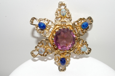 +MBA #99-595  "Vintage Goldtone Purple Glass & Blue Cabochon Stone Brooch"