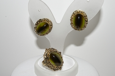 +MBA #99-660  "Whiting & Davis Goldtone Green Glass Clip On Earrings & Ring"