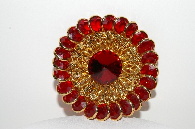+MBA #99-393  "Vintage Goldtone Red Crystal Fancy Brooch"