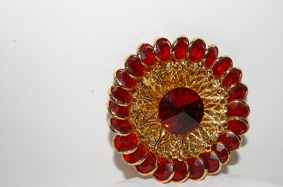 +MBA #99-393  "Vintage Goldtone Red Crystal Fancy Brooch"
