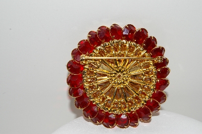 +MBA #99-393  "Vintage Goldtone Red Crystal Fancy Brooch"