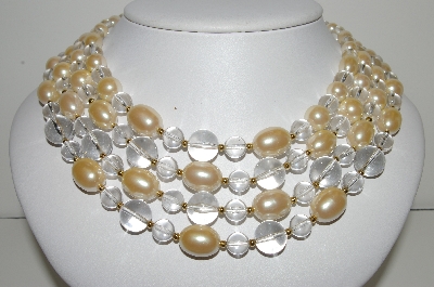 +MBA #99-567  ""Vintage Goldtone Faux Pearl & Clear Acrylic Bead 4 Row Necklace"