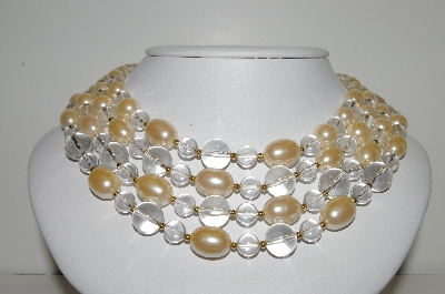 +MBA #99-567  ""Vintage Goldtone Faux Pearl & Clear Acrylic Bead 4 Row Necklace"