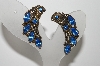 +MBA #99-556  "Vintage Antiqued Goldtone Blue Rhinestone Clip On Earrings"