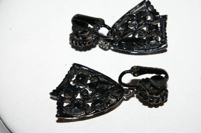 +MBA #99-351  "Vintage Black Rhinestone Black Enameled Clip On Earrings"